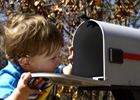 Boy looking in a mailbox.