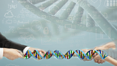 hands pulling on DNA with DNA in background