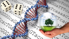a pair of die, DNA and a hand holding a globe with a tree inside wiht sequencing in the background