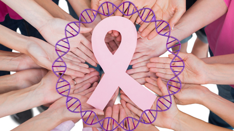 Hands joined in circle holding breast cancer struggle symbol and surrounded by DNA