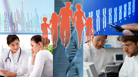 a collage of four image: whole genome sequencing, a hand holding a pen pointing to DNA, a two people in a lab, doctor showing documents to a patient, DNA in the midddle and a family superimposed over all five images