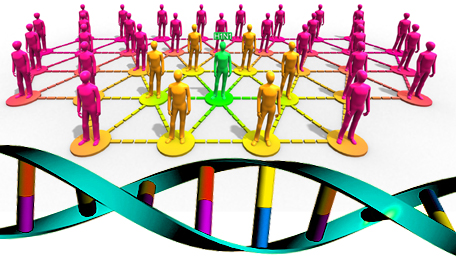 figures connected by lines and DNA