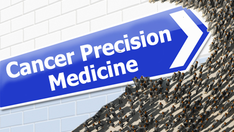 cancer precision medicne sign pointing ahead into a crowd of people