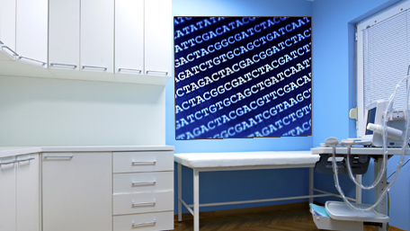 examining room with DNA sequencing on the wall