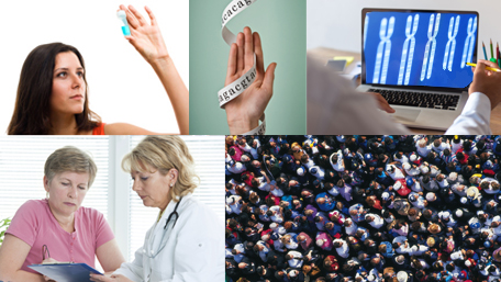 a woman looking at her spit in a test tube, sequencing wrapped around a hand, a person looking at double helix on a monitor, a person discussion her genetic test results with a counslor and a crowd of people