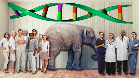 a elephant in a room with a crowd on one side and doctors on the other side including DNA above on the wall