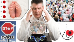 a doctor looking into a crystal ball filled with people - he is surrounded by a babies feet with bloodspots and a crowd of people and a stop sign with cancer on it and a stethoscope listening to a heart