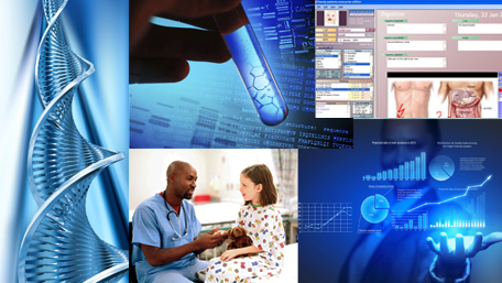 DNA, a hand holding a test tube, electronic health record, a doctor talking to a girl and a person looking at data