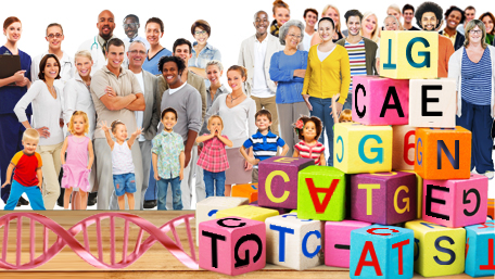 a group of people from kinder garden to health professionals standing behind a table of building blocks made out of ATCG and the word GENES and DNA