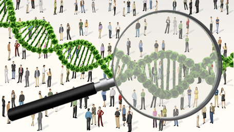 a crowd of people with a magnifying glass on a few and DNA