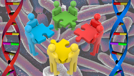 four figures holding puzzle pieces standing on microbiome cells and DNA on the sides
