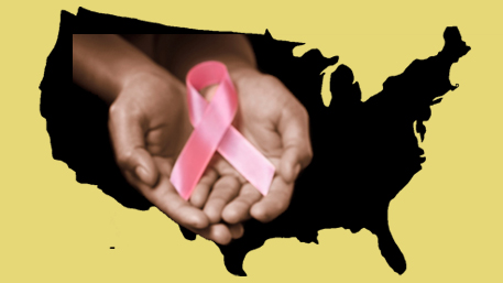 hands holding a pink ribbon with the US map in the background