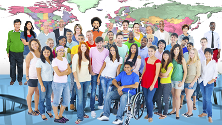 different people standing on DNA in front of a world map