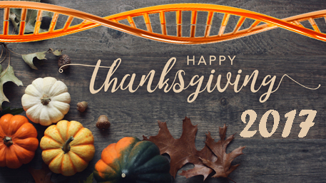 Happy Thanksgiving 2017 with an image of DNA and pumpkins and leaves