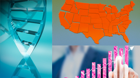 DNA and a US map and a person pointing to a graph