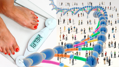 a person standing on a scale and a crowd of people with DNA overlayed