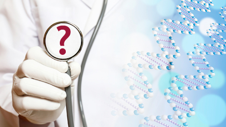 a doctor holding a stethoscope with a question mark and DNA in the background