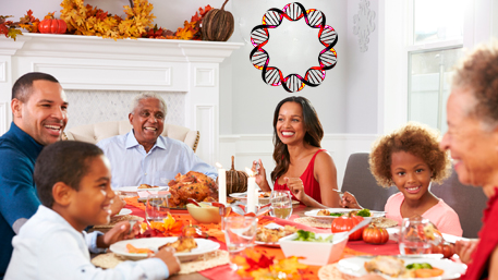 a multigenerational familly eating a thanksgiving meal and a picture of DNA is hanging on the wall