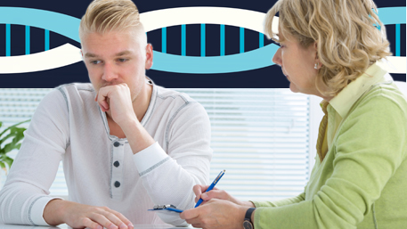 a genetic counselor talking to a client with DNA in the background