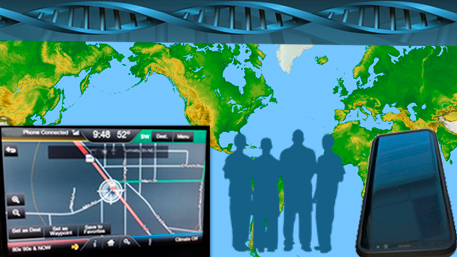 a world map with a GPS, cell phone and DNA and people