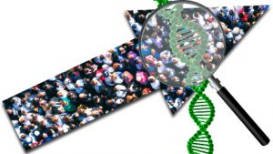 a crowd of people incased in an upward arrow with a magifying glass on them with DNA