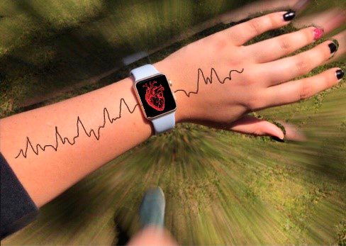 an arm with a smart watch and a heartbeat drawn on the arm