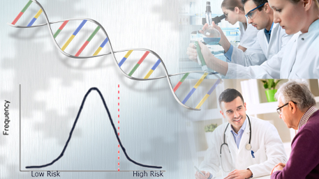 a polygenetic risk score bell curve and DNA, lab techinicians working in a lab and a doctor talking to his patient