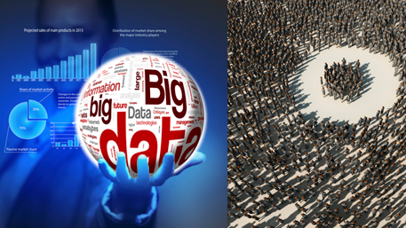 a big data word globe held by a person and a crowd of people with a small group being focused on