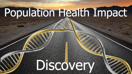 a long road with DNA and the text Discovery and Population Health Impact