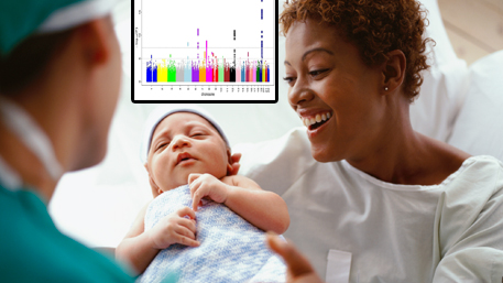 a woman and doctor looking at a newborn with a Manhatten plot on the background