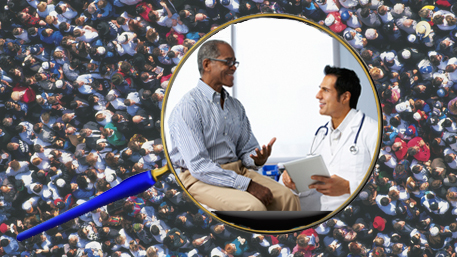 a doctor talking to his patient under a magnifying glass over a crowd of people