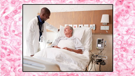 doctor visiting an elderly white man laying in a hospital man with