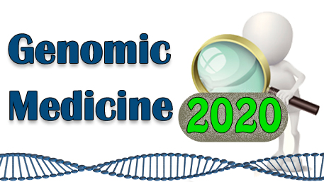 Genomic Medicine - af figure looking at 2020 with a magnifying glass and a double helix