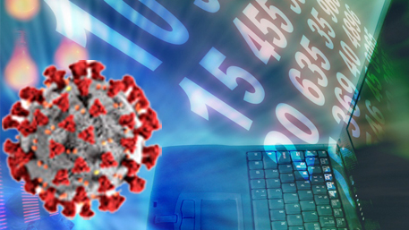 a COVID-19 virus floating around with digital bites coming out of a laptop