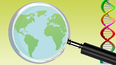 a magnifying glass looking at a globe with DNA