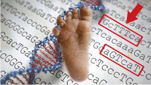 a newborn babies foot on sequencing with certain sequencing pointed to with a red arrow