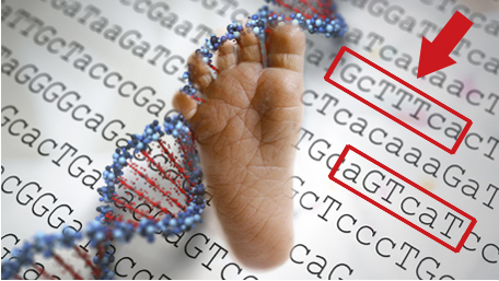 a newborn babies foot on sequencing with certain sequencing pointed to with a red arrow