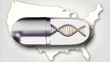 DNA in a pill on top of a map from the US