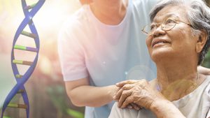 a elderly person being helped with a double helix in the background