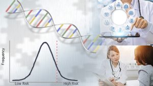 a polygenic risk score curve with a double helix, a doctor pointing at a tablet with icons surround it,  and a doctor talking to her patient