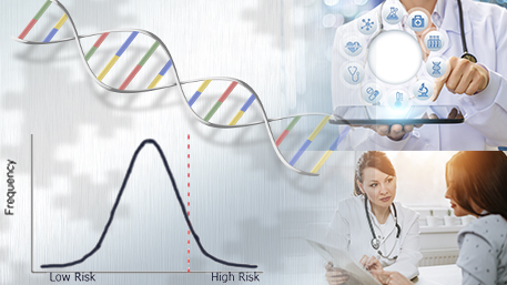 a polygenic risk score curve with a double helix, a doctor pointing at a tablet with icons surround it, and a doctor talking to her patient