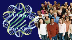 a crowd of people with genomics and proteomics