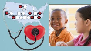 map of the US with a FH pedigree and a stethoscope on a heart with children