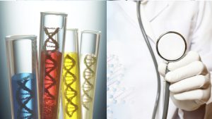 DNA in test tubes and a doctor with a stethoscope