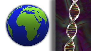 a globe with Africa and DNA