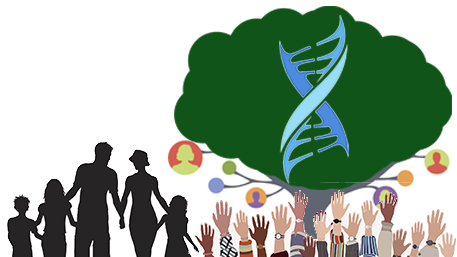 a family with a tree of DNA with low hanging circles of people and many different hands reaching to them