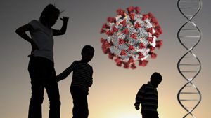 shadows of three children with a COVID-19 virus and DNA