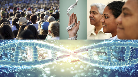 a crowd, a hand holding DNA sequence, three diverse people, and a double helix