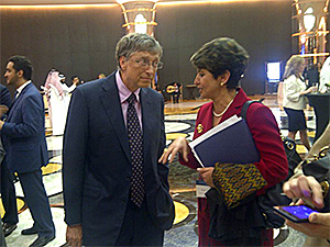 Bill Gates and Rana Hajjeh talk at the Global Vaccine Summit in Abu Dhabi, UAE in April, 2013. The summit was co-hosted by the Crown Prince of Abu Dhabi and Bill Gates, in partnership with United Nations Secretary-General Ban Ki-Moon and the Bill & Melinda Gates Foundation to continue the momentum of the Decade of Vaccines, a vision and commitment from global partners to reach all children with the vaccines they need.