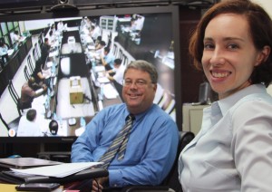 Lauren Anderson (right) and Wayne Lowe (Department of Defense/Defense Threat Reduction Agency) are behind the scenes observing emergency response activities during a joint project exercise involving the U.S. CDC and Vietnam’s Ministry of Health.